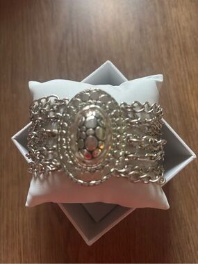Silver Multi-Chain Statement Bracelet with Oval Medallion